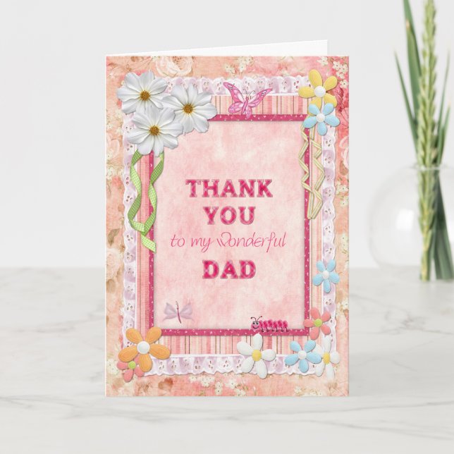 Tarjeta De Agradecimiento Gracias papá, flores y cartón de mariposas (Anverso)