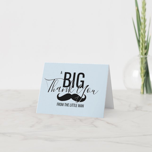 Tarjeta De Agradecimiento GRACIAS, pequeño hombre Baby Shower Blue Mustache (Anverso)