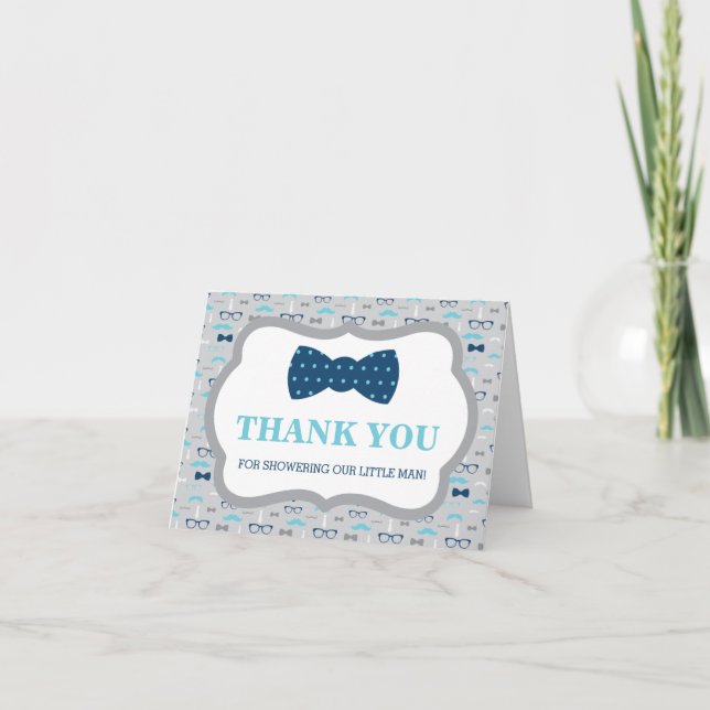 Tarjeta De Agradecimiento Gracias, Pequeño Hombre, Bow Tie, Bebé Azul (Anverso)