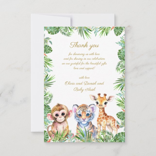 Tarjeta De Agradecimiento Gracias personalizadas bebé mono tigre y jirafa (Anverso)