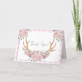 Tarjeta De Agradecimiento Gracias | Pink Gingham BOHO Floral Antlers