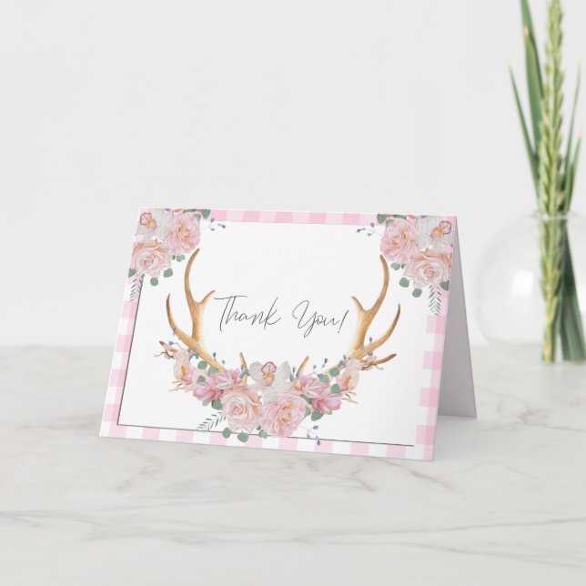 Tarjeta De Agradecimiento Gracias | Pink Gingham BOHO Floral Antlers (Anverso)