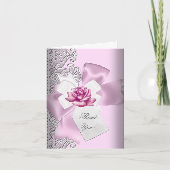 Tarjeta De Agradecimiento Gracias Pink Gris Encaje Blanco (Anverso)