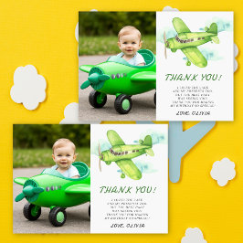 Tarjeta De Agradecimiento Gracias por el cumpleaños del avión verde acuarela