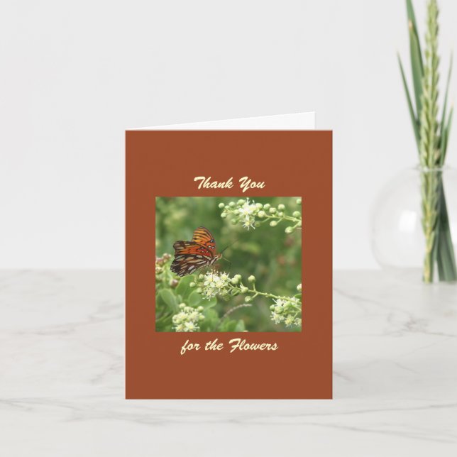 Tarjeta De Agradecimiento Gracias por flores, mariposa Naranja (Anverso)