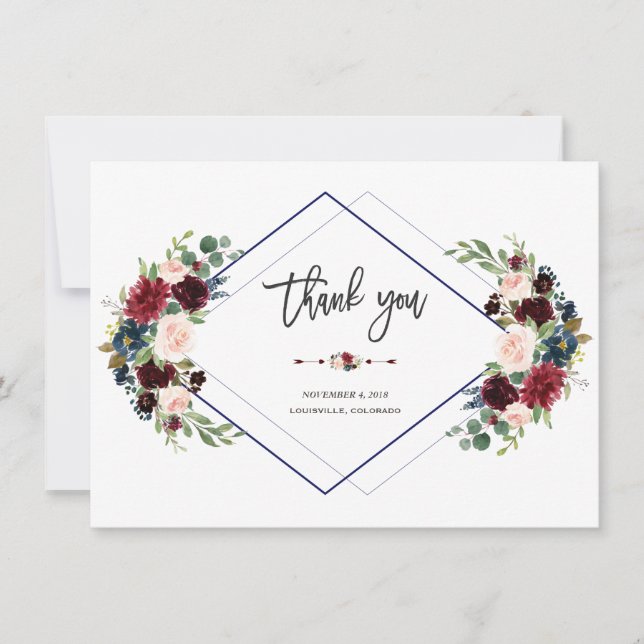 Tarjeta De Agradecimiento Gracias por la boda floral geométrica Merlot Navy (Anverso)