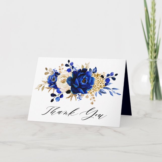Tarjeta De Agradecimiento Gracias por la ducha Royal Blue Yellow Gold Floral (Anverso)