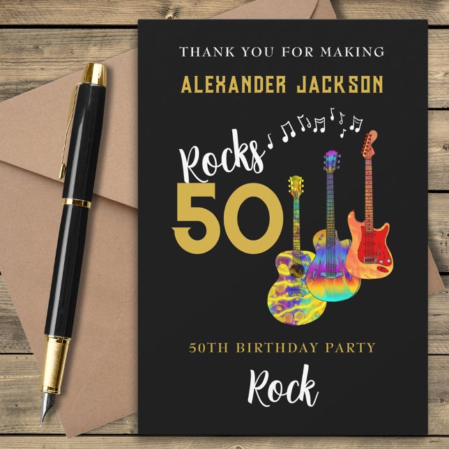 Tarjeta De Agradecimiento Gracias por la fiesta de cumpleaños 50 del Rock an (Rock and roll 50th birthday party thank you card funky guitars cool gold typography on black)
