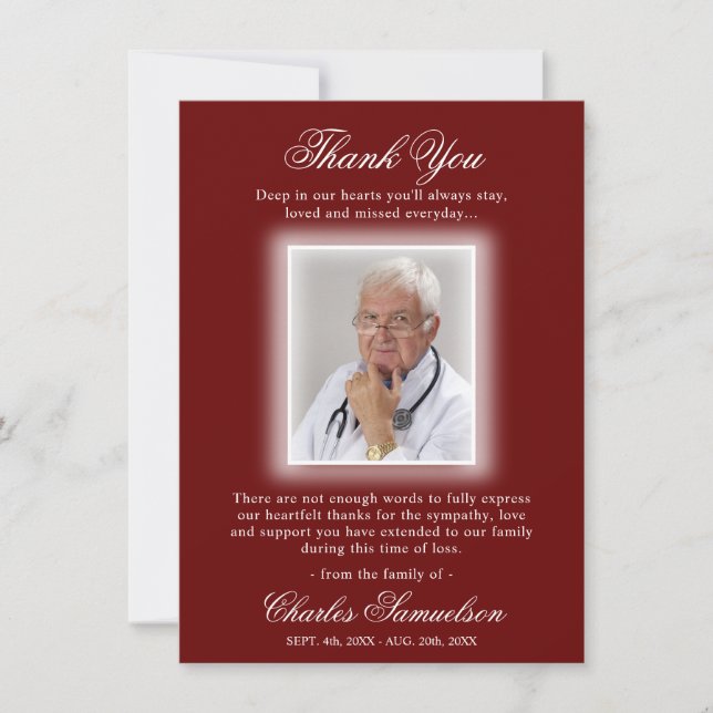 Tarjeta De Agradecimiento Gracias por la simpatía del funeral RED BURGUNDY | (Anverso)