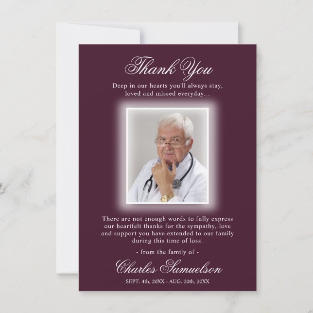 Tarjeta De Agradecimiento Gracias por la simpatía funeraria EGGPLANT | FOTO (Anverso)