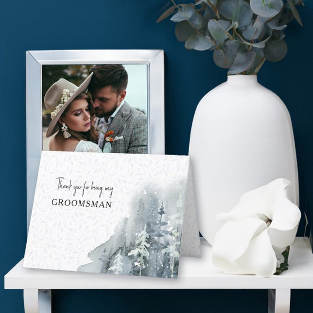 Tarjeta De Agradecimiento Gracias por ser mi bosque de nieve Groomsman (Wedding Party thank you card from the Snow Forest wedding collection by Darling & May)