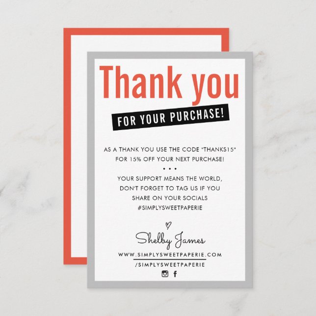 Tarjeta De Agradecimiento GRACIAS POR SU COMPRA Cliente naranja de inserción (Anverso / Reverso)