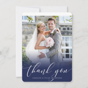 Tarjeta De Agradecimiento GRACIAS POR TU BODA caligrafía elegante foto azul