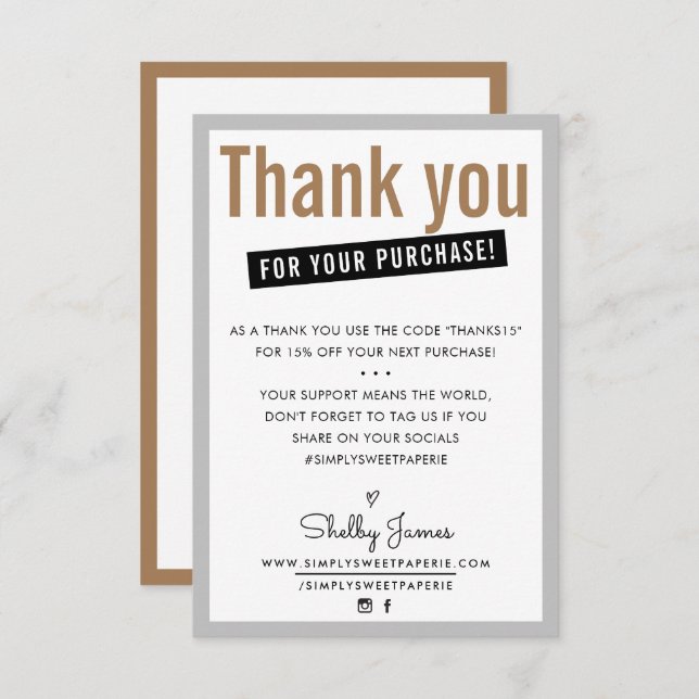 Tarjeta De Agradecimiento GRACIAS POR TU COMPRA cliente insertar marrón (Anverso / Reverso)