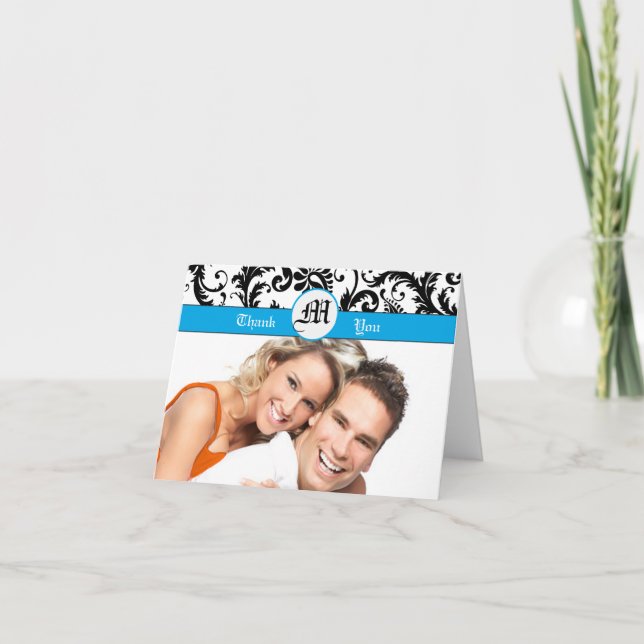 Tarjeta De Agradecimiento Gracias por tu foto Damask Aqua Borders (Anverso)