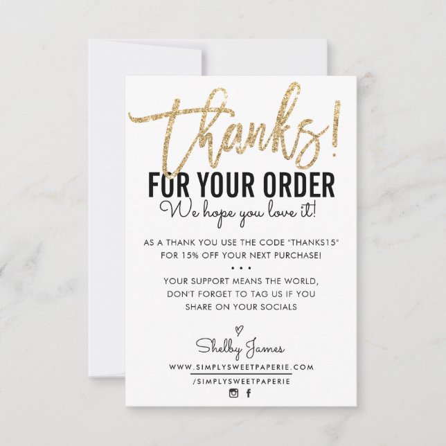 Tarjeta De Agradecimiento GRACIAS POR TU ORDEN inserte oro negro moderno (Anverso)