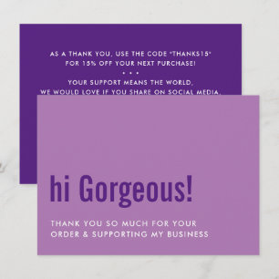 Tarjeta De Agradecimiento GRACIAS POR TU PEDIDO diversión insertar púrpura