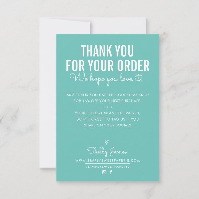 Tarjeta De Agradecimiento GRACIAS POR TU PEDIDO, inserta una menta blanca de (Anverso)