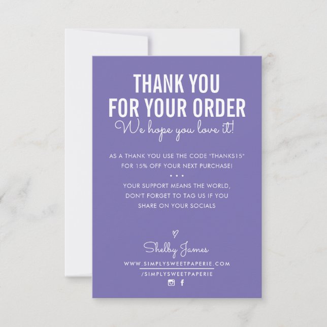 Tarjeta De Agradecimiento GRACIAS POR TU PEDIDO insertar tinta blanca morada (Anverso)