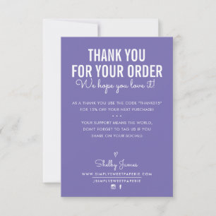 Tarjeta De Agradecimiento GRACIAS POR TU PEDIDO insertar tinta blanca morada