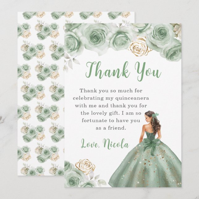 Tarjeta De Agradecimiento Gracias Princesa en una quinceañera verde sabia (Anverso / Reverso)