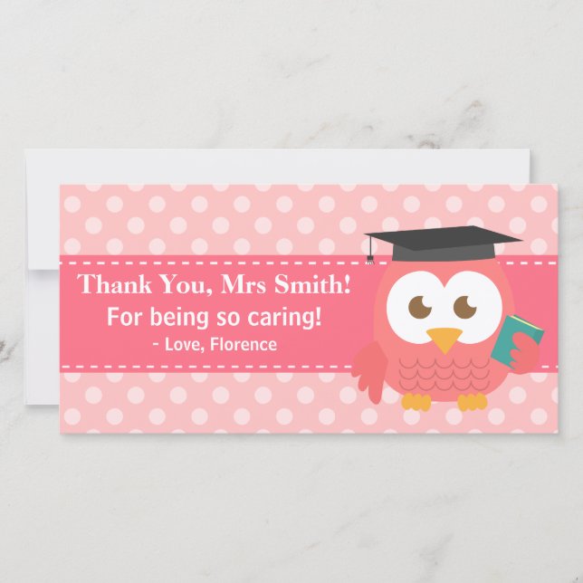 Tarjeta De Agradecimiento Gracias profesor, búho del profesor, lunares (Anverso)