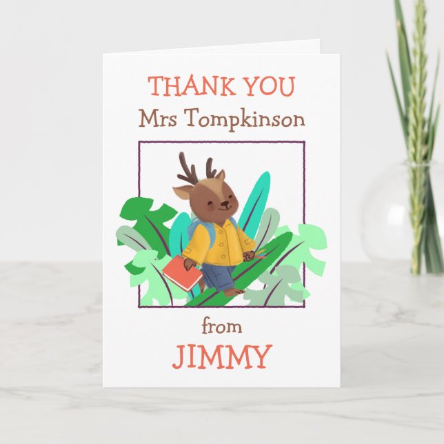 Tarjeta De Agradecimiento Gracias, profesor, Cute Deer Leaves Card (Anverso)