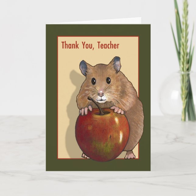 Tarjeta De Agradecimiento Gracias Profesor: Hermoso Hamster Con Manzana Roja (Anverso)