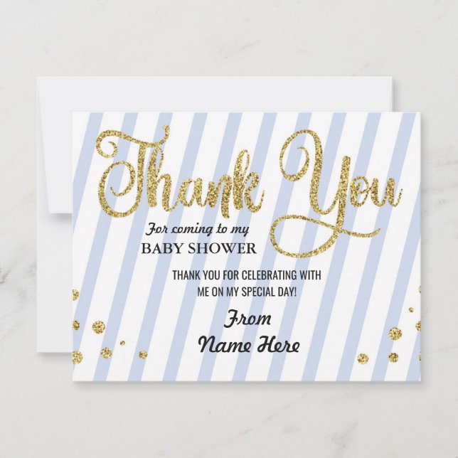Tarjeta De Agradecimiento Gracias purpurina azul de la raya del muchacho de (Anverso)
