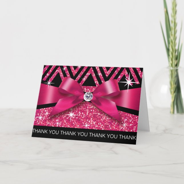 Tarjeta De Agradecimiento Gracias Purpurina Chevron Bling Diamond fuchsia (Anverso)
