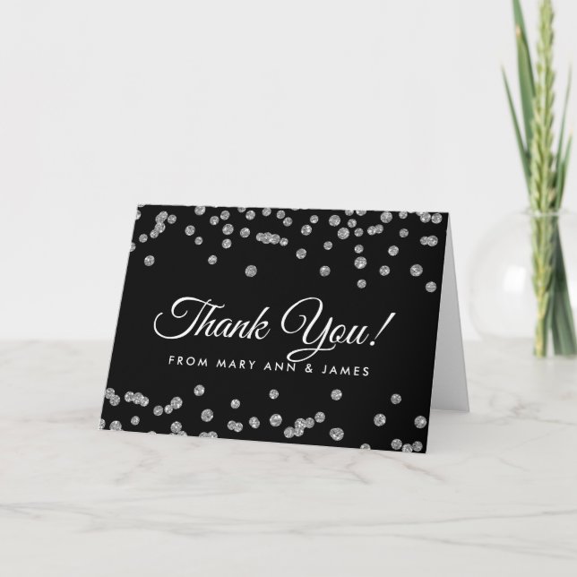 Tarjeta De Agradecimiento "Gracias" Purpurina de Silver Faux Confetti Black (Anverso)