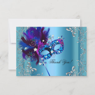 Tarjeta De Agradecimiento Gracias Quinceañera Fiesta Mascarada Azul