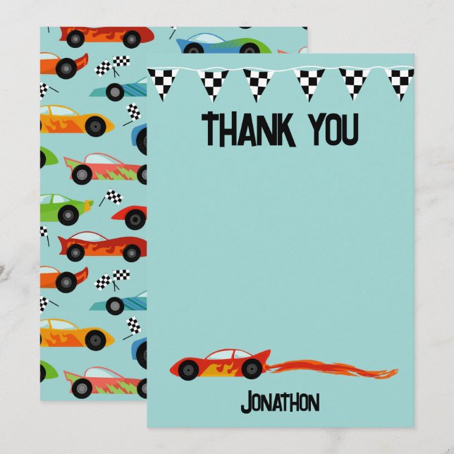 Tarjeta De Agradecimiento Gracias Racecar Birthday Party Kids Cars (Anverso / Reverso)