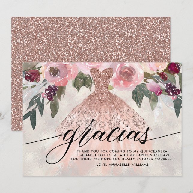 Tarjeta De Agradecimiento Gracias Rosa Purpurina de oro Floral Quinceañera (Anverso / Reverso)