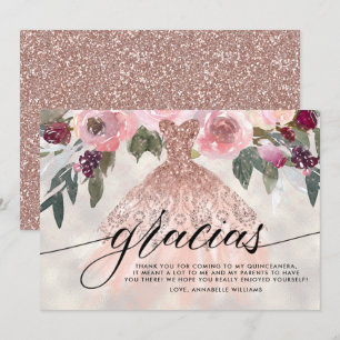 Tarjeta De Agradecimiento Gracias Rosa Purpurina de oro Floral Quinceañera
