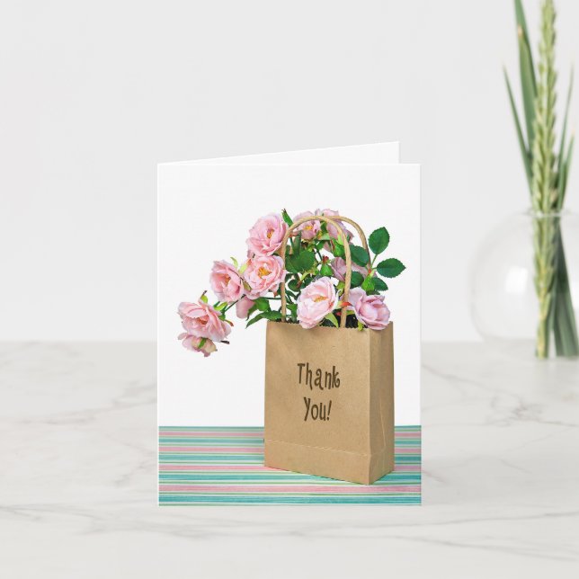 Tarjeta De Agradecimiento Gracias Rosa Rosa En Bolsa Marrón (Anverso)