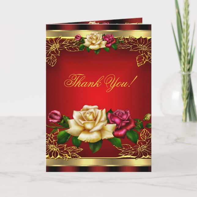 Tarjeta De Agradecimiento Gracias, Rosas De Crema Roja Elegante De Oro 6 (Anverso)
