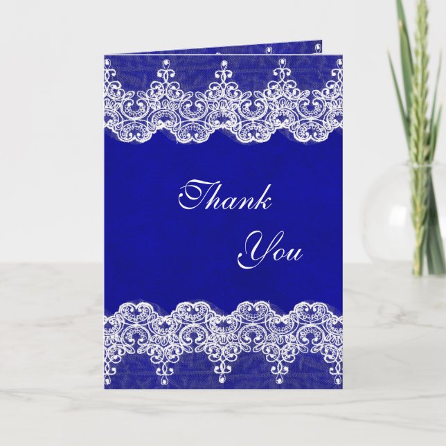 Tarjeta De Agradecimiento Gracias Royal Cobalt Blue White Lace (Anverso)