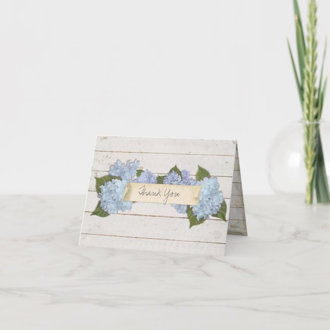 Tarjeta De Agradecimiento Gracias Shiplap Woody Wood Board Blue Hydrangea (Anverso)