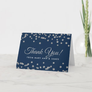 Tarjeta De Agradecimiento "Gracias" Silver Faux Purpurina Confetti Navy Blue