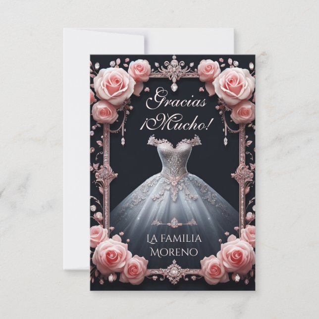 Tarjeta De Agradecimiento Gracias Spanish Quinceañera Rosa (Anverso)
