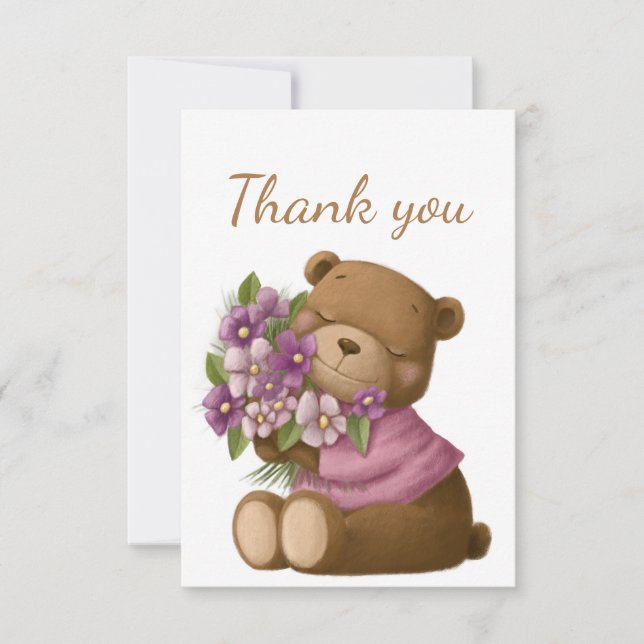Tarjeta De Agradecimiento Gracias Teddy Bear Purple Flower Bouquet (Anverso)
