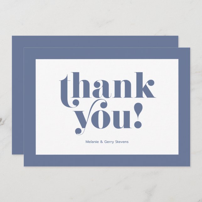 Tarjeta De Agradecimiento Gracias tipografía, azul sobre blanco (Anverso / Reverso)