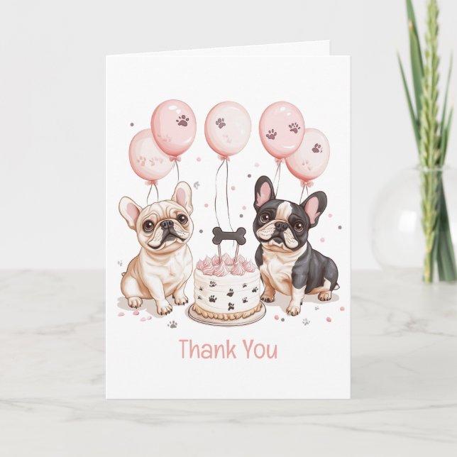 Tarjeta De Agradecimiento Gracias Torta de cumpleaños de Bulldoges franceses (Anverso)