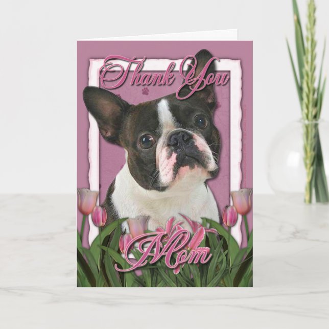 Tarjeta De Agradecimiento Gracias - Tulipanes rosados - Boston Terrier (Anverso)