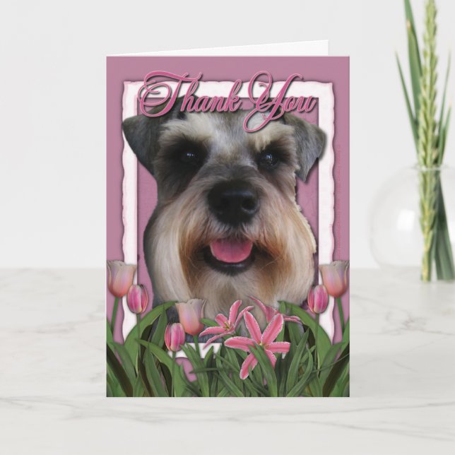 Tarjeta De Agradecimiento Gracias - Tulipanes rosados - Schnauzer (Anverso)