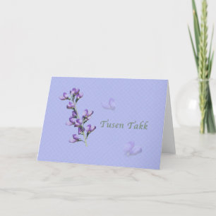 Tarjeta De Agradecimiento Gracias, Tusen Takk, noruego, dulce morado