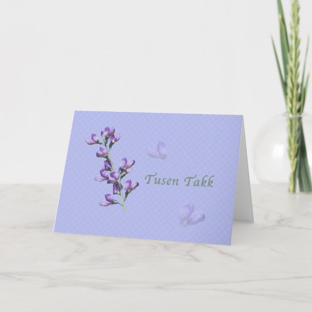 Tarjeta De Agradecimiento Gracias, Tusen Takk, noruego, dulce morado (Anverso)