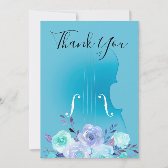 Tarjeta De Agradecimiento gracias violín de ramo azul (Anverso)
