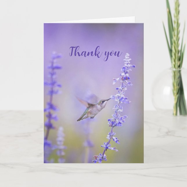 Tarjeta De Agradecimiento Gracias Watercolor Hummingbird Lavender Flower Art (Anverso)